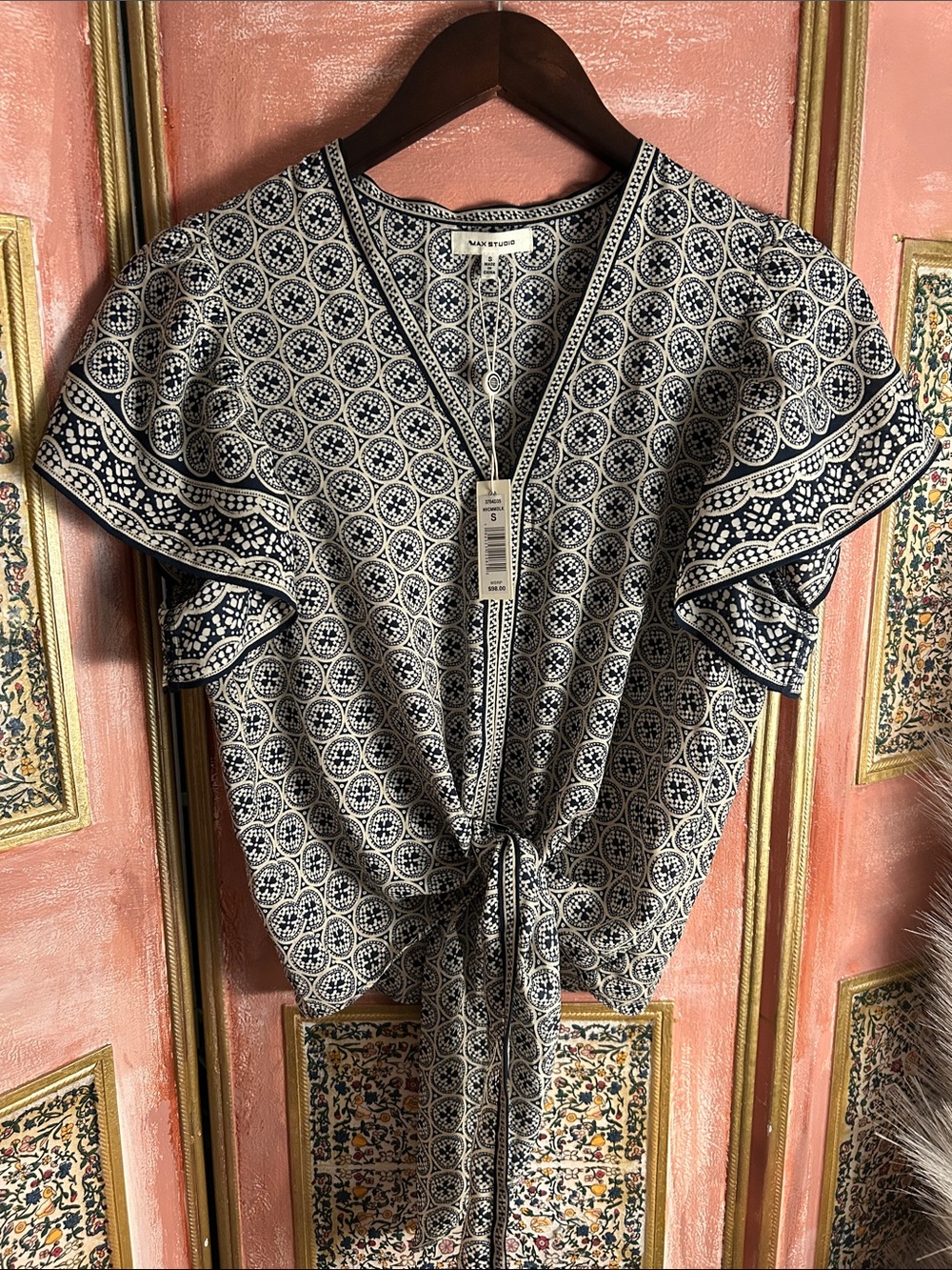 Max Studio Navy & white Geo Tie-Front Blouse